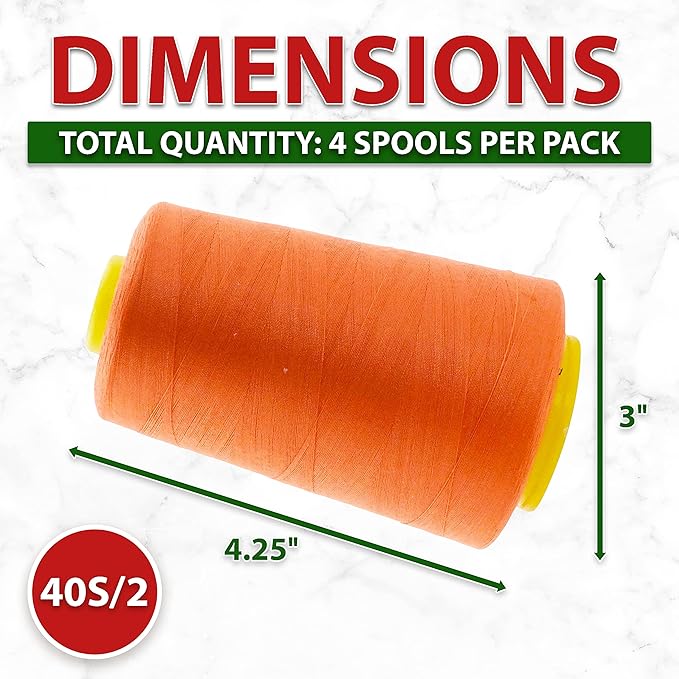 Mandala Crafts 4 Pack of Serger Threads Cones Spools - 40S/2 24000 Yards Polyester Orange Threads for Sergers Machine and Overlock Quilting Sewing Machine