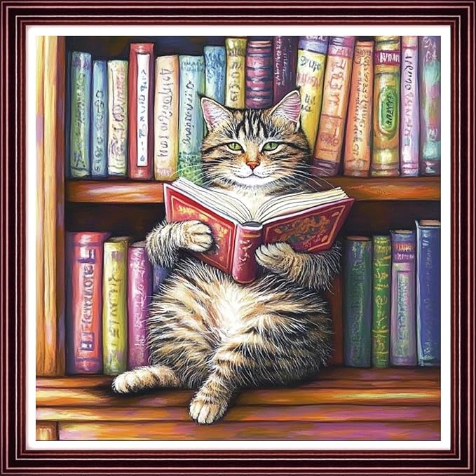 Redxing Stamped Cross Stitch Kits Full Range of Embroidery Starter Kits- Needlepoint Counted Cross Stitch Kits for Beginner Adults 11CT Printed Embroidery Kit-Reading on cat Bookshelf 18x18 inch