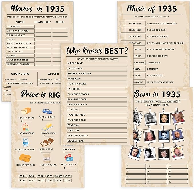 90th Birthday Party Games, Set of 5 Activities for 10 Guests, Born in 1935 Games Bundle, Birthday Party Supplies for Adults, Pack of 50 Cards