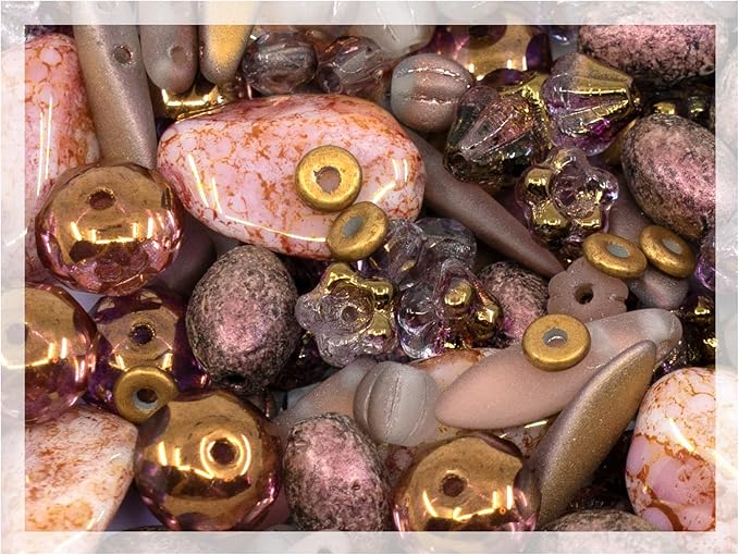 2.1oz (60 g) Mix of Unique Czech Bohemia Glass Pressed Beads, Matte and Glossy, Hand Made, Antique Copper Pink