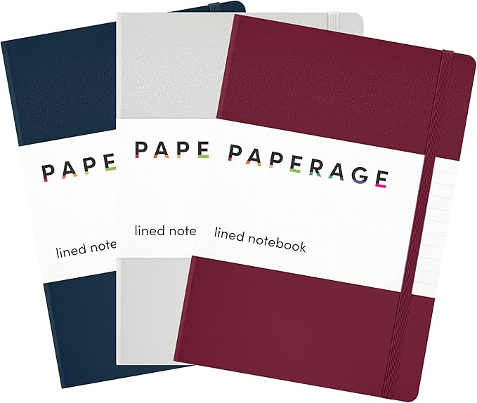 PAPERAGE Lined Journal Notebook, 3 Pack, (Burgundy, Light Grey, Navy), 160 Pages, Medium 5.6 in x 8 in - 100 GSM Thick Paper – Hardcover Journaling Notebook for Work, School & Note Taking
