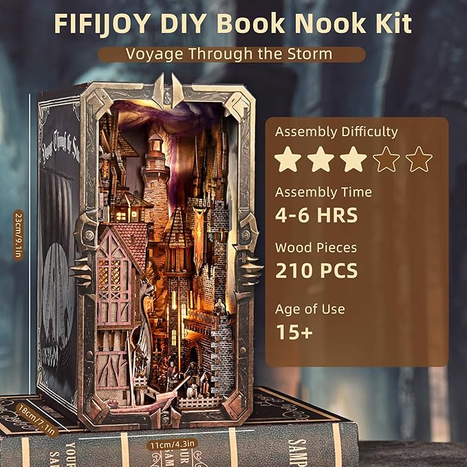 DIY Viking Book Nook Kit, Miniature House Dollhouse Kit for Adult and Teens, Booknook Bookend Tiny House Model Build Bookshelf Insert Decor 3D Wooden Puzzle, Gifts for Family, Friends