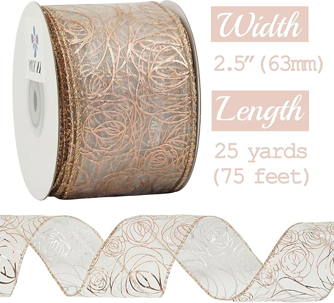 MEEDEE Floral Rose Wired 2.5 Inch Rose Gold Organza Sheer Ribbon, Wedding Bouquet Ribbon, 25 Yards Roll, Pink, For Crafts, Valentine Bow Making, Decor