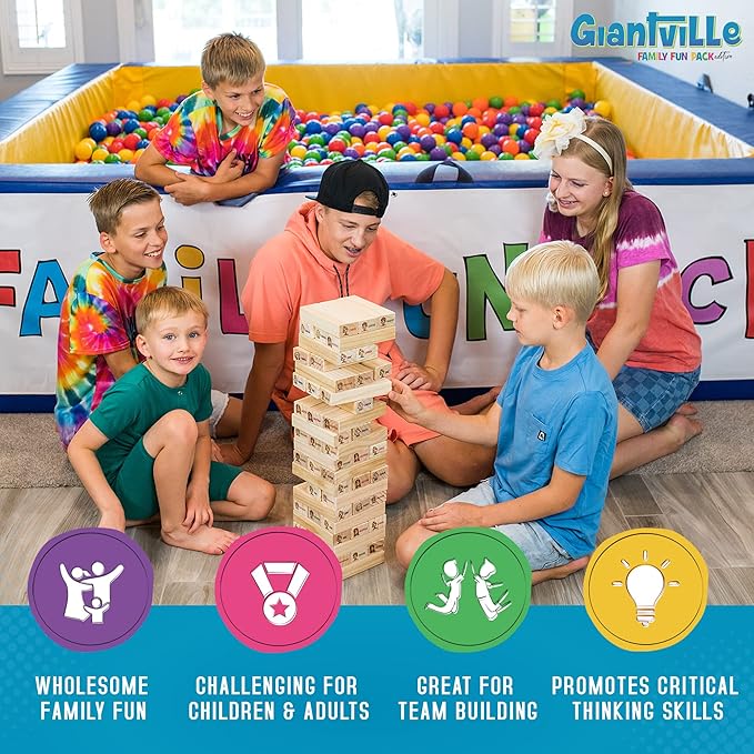 Giantville Giant Tumbling Timber Toy - Premium Pine Wood Life-Size Blocks Tower - Big Floor/Board Indoor/Outdoor Yard Game for Kids & Adults - 54-Blocks + Red Storage/Carry Bag - Grows Almost 4-Feet