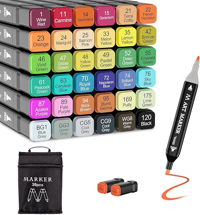 Banral Alcohol Markers, 36 Colors Dual Tip Alcohol Based Art Marker Set for Artists Adults, Permanent Drawing Pens for Adult Coloring Sketching Illustration with Case and Holders