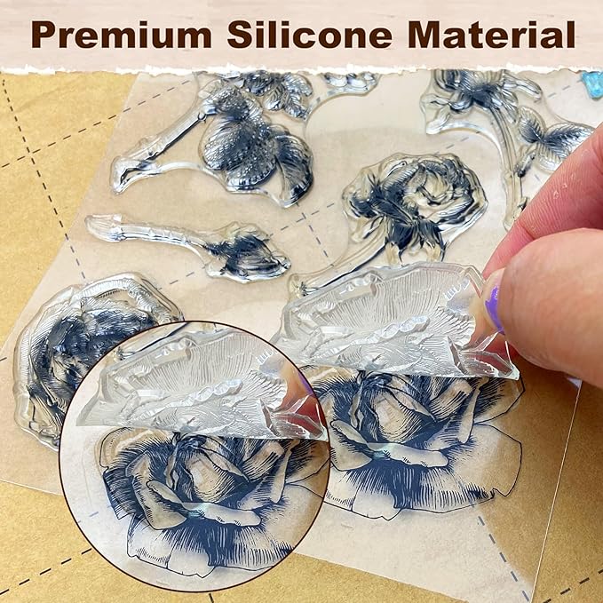 UCEC 4 Sheets Clear Stamps Set for Card Making, 2 Pcs Acrylic Stamp Block (7.5*7.5cm & 5*5cm), Vintage Plants Flowers Rubber Silicone Stamps, Small Clear Stamps for Crafts Decoration DIY Scrapbooking