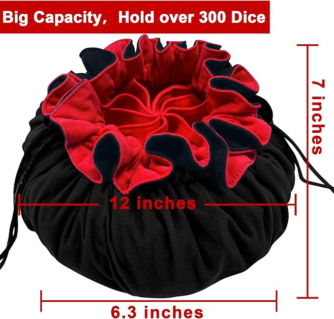 SIQUK Large Dice Bag with Pockets Drawstring Dice Bag DND Dice Storage Bag Big Capacity Dice Pouch for RPG MTG Table Games, Hold over 300 Dice (Black & Red)