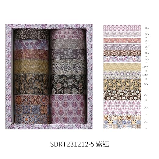 12 Rolls Exotic Charm Washi Tape Set Floral Arts Adhesive Tapes Geometric Garden Decorative Masking Tape Sets for Craft, Kids, Scrapbook, DIY, Gift Wrapping (Amethyst Elegance)