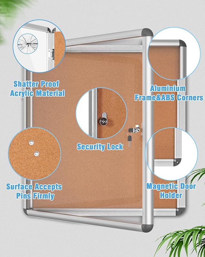 2 Pack 28"x26" Enclosed Bulletin Board, Lockable Weather-Resistant Aluminum Cork Noticeboard for School & Office, Silver Frame w/Cork