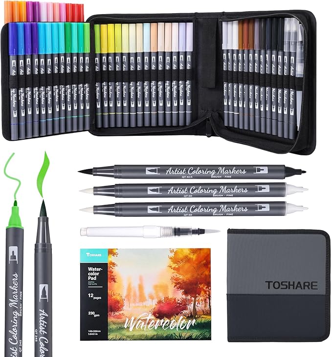 Watercolor Pens Set, 48-Color Dual Tip Paint Markers, Water-Based Coloring Markers with 1 Aquapen, 2 Colorless Blenders, 1 Black Marker, and 12-Page Pad, Paint Supply for Artists & Beginners
