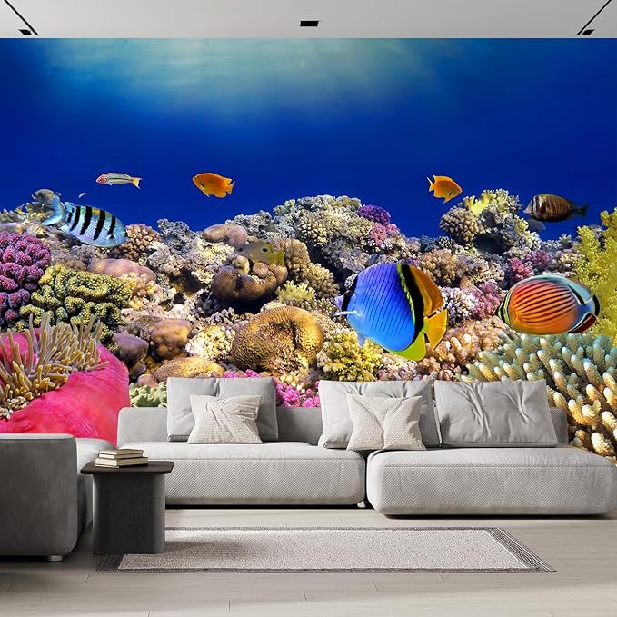 wall26 Removable Wall Sticker/Wall Mural Tropical Blue Fish Coral Reef Ocean Seascape Nature Wilderness Photography Nautical Landscape Decorative for Living Room, Bedroom, Office - 120x144 inches