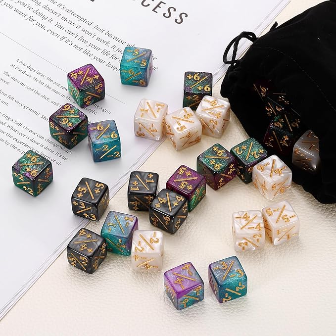 uxcell 24Pcs Magic Dice Counters, Acrylic D6 Life Token Dice Set with Pouch for Standard Cards Gaming Accessories, White Marble, Black Marble, Green & Purple, Blue & Purple