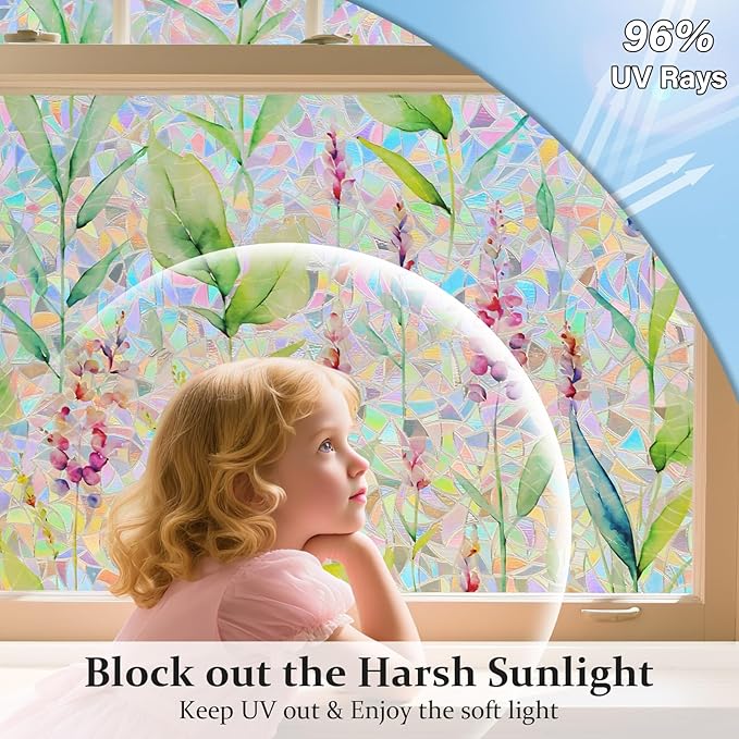 Donox Decorative Window Privacy Film, 3D Floral Stained Glass Window Film Static Cling Rainbow Privacy Sticker for Glass Door Heat Control Anti UV, No Adhesive (Gladiolus,35.4 x 157.4 inches)