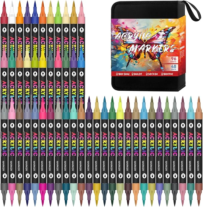 96 Colors Dual Tip Acrylic Paint Markers, 48 Pack Waterproof, Non-Toxic, Odorless Acrylic Markers Pens，Paint Pens & Paint Markers for Rock, Wood, Glass, Stone, Canvas, Fabric and Paper Painting