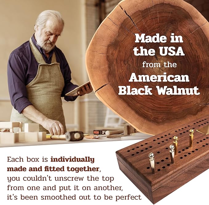 Alex Cramer Le Club Luxury Domino Set with Handcrafted Walnut Case and Cribbage/Counter Top - Tournament Quality 28 Indestructible (Domino Spinner Set with Brass Plate)