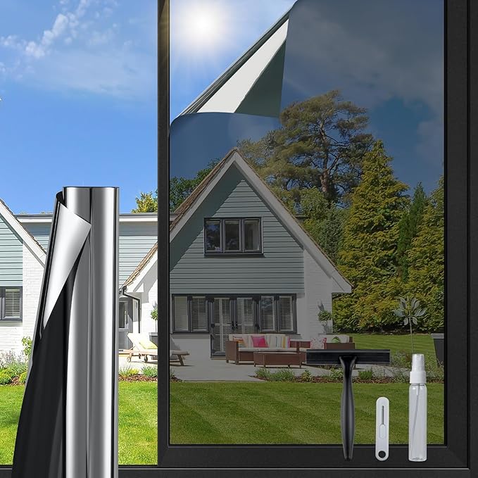 DOWELL One Way Window Privacy Film with 3 Tools Window Tint for Home Sun Blocking Heat Control Anti UV Reflective Mirror Covering See Out Not in for House and Office Black Silver 17.5" X 157.4"