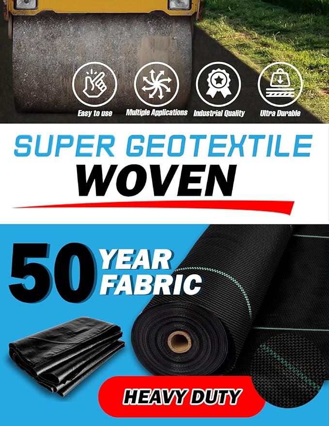 Woven Geotextile Fabric for Driveway and Road Stabilization, Construction Underlayment, Erosion Control, Commercial Grade 50 Year for Gravel Roads and Pavers (12.5x30) Ships Folded