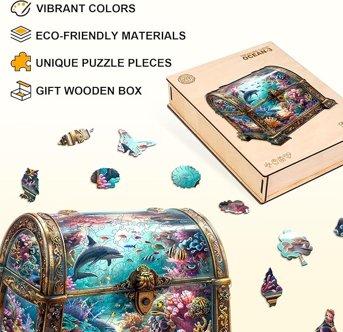Wooden Puzzles for Adults, Treasure Chest Ocean Wooden Jigsaw Puzzle Fish 430 PCS Unique Shape Wood Puzzles Adult 3D Visual Effect Birthday Gifts for Puzzle Lovers Family Games (XL-17.3 * 16.7in)