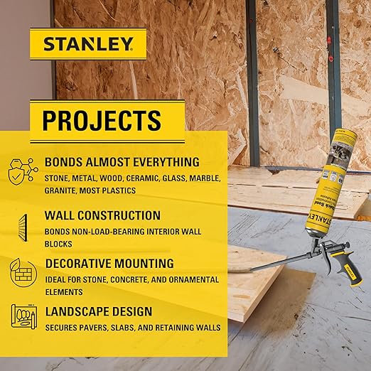 Stanley Quick Bond Adhesive Foam - 12x24oz, Reliable Bond Adhesive for Various Materials, Strong bonding, No Mixing, Gun Use, Including Gun, 2 Cleaners | 12 Pack