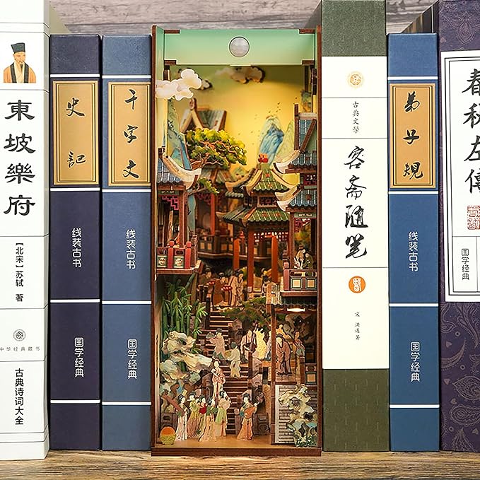 Tonecheer DIY Book Nook Kit for Adults, Wooden 3D Puzzle Bookend Bookshelf Insert Decor, Chinese Booknook Miniature House Kit with Dust Cover and Body Motion Sensor LED (Song Dynasty Culture)