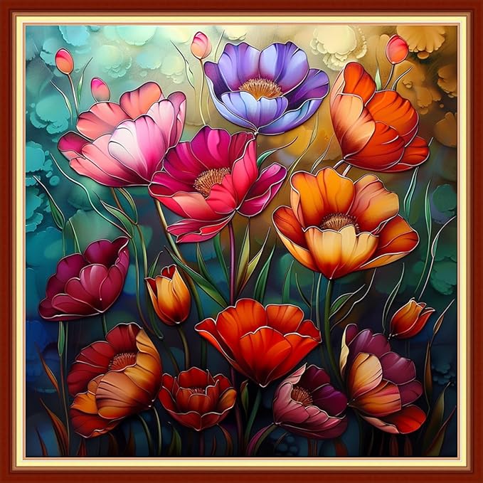 Joyhoor Cross Stitch Kits for Beginners Stamped Cross-Stitch Supplies Needlework preprint Embroidery Kits for Adults DIY Needlepoint Kits Embroidery Patterns 11CT-Colorful Flowers 18x18 inchs