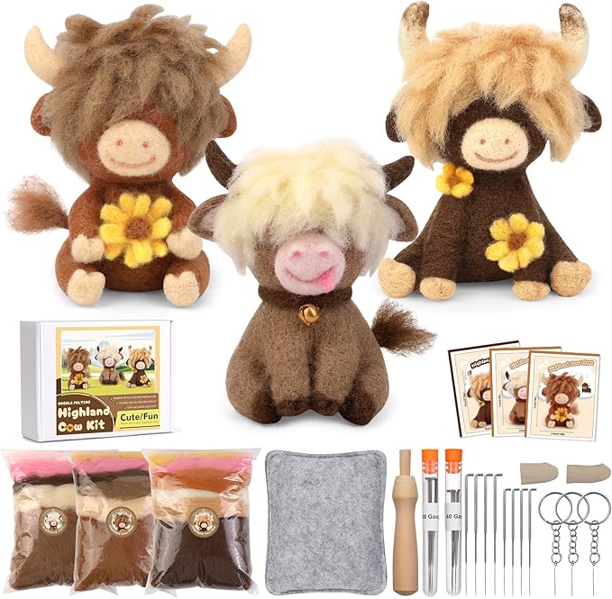 Yizzvb Needle Felting Kit, Highland Cow Family Needle Felt Beginner Kits with Instruction, Wool, Felting Needles, Felting Pad, Wool Felting Kits for Beginners Home Decoration