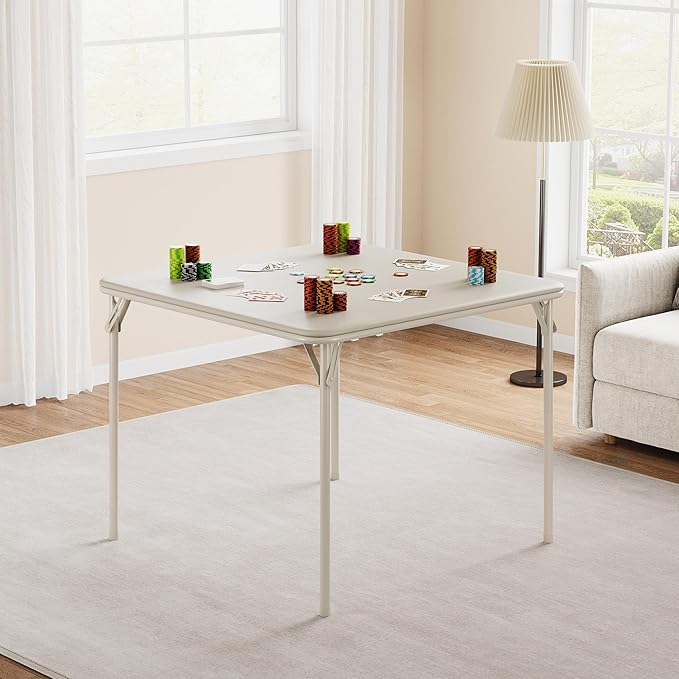 Folding Card Table, 34 Inch Portable Square Game Table with Collapsible Legs, Multifunctional Foladable Table with PU Padded Tabletop for Home, Parties, Picnics, Games, 1 Piece, Beige