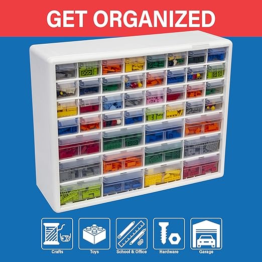 Akro-Mils 44-Drawer Plastic Drawer Storage Cabinet for Garage Organization, Bead Organizer, Building Bricks Storage, Teacher Toolbox, Makeup Organizer, 20" W x 6" D x 16" H, 10144 White