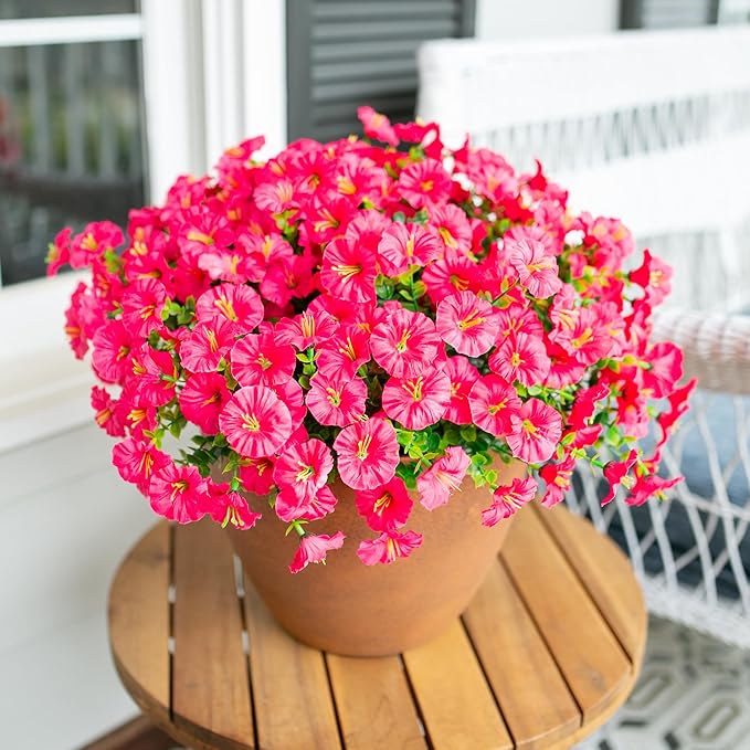 Fake Plants Artificial Flowers for Outdoor Outside Summer Decoration, 12 Bundles Faux Flowers Silk Hot Pink Morning Glory with Eucalyptus Look Real UV Resistant for Planter Front Door Porch Yard Patio
