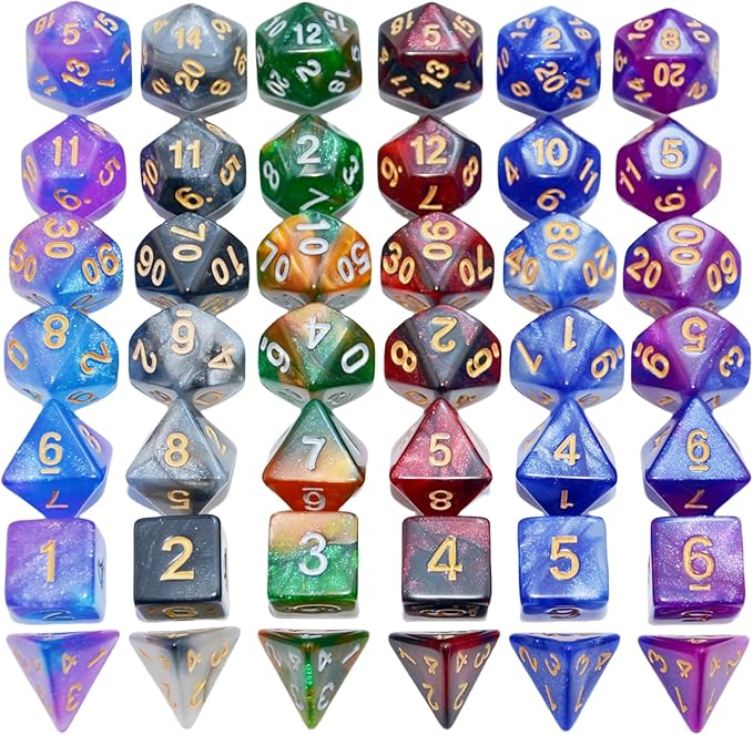SmartDealsPro 6 x 7 Sets (42 pcs) Glitter Polyhedral Dice Sets with Pouches for DND RPG MTG Dungeon and Dragons Table Board Roll Playing Games D4 D8 D10 D12 D20 (Color 2)