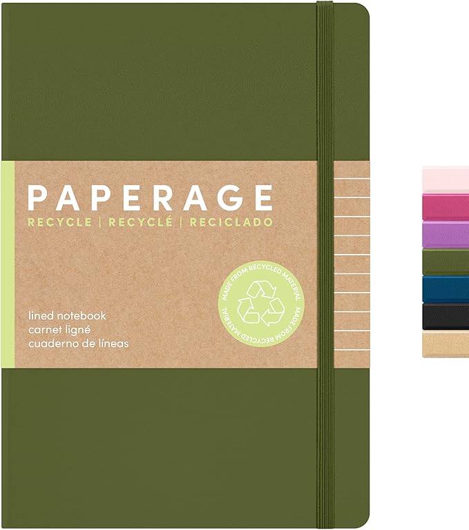 PAPERAGE Recycled Lined Journal Notebook, (Olive), 160 Pages, Medium 5.6 in x 8 in - 100 GSM Thick Paper – College Ruled, Hardcover Journaling Notebook for Work, School & Note Taking