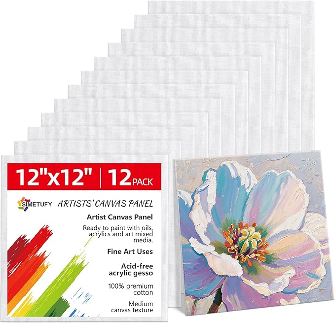 Simetufy 12 x 12 inch 12 Pack Painting Canvas Boards- Gesso Primed Acid-Free 100% Cotton Canvas Panels for Acrylics Oil Watercolor Tempera Paints