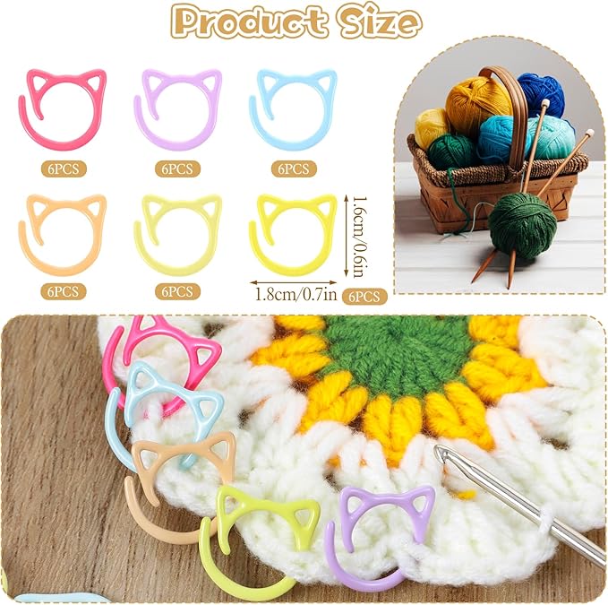 36Pcs Cat Stitch Markers for Crocheting, Cat Metal Crochet Stitch Marker Ring, Multicolor Knitting Stitchs Markers for DIY Weaving Knitting Sewing Tools