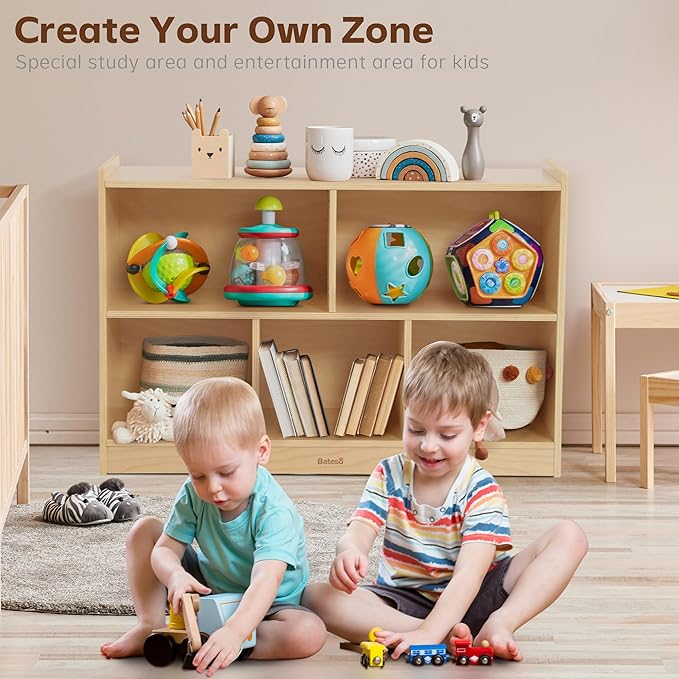 Toy Storage Organizer for Kids Room, Wooden Kids Bookshelf for Classroom, Cube Storage Organizer for Playroom, 5-Section Montessori Bookshelf & Toy Shelf for Nursery