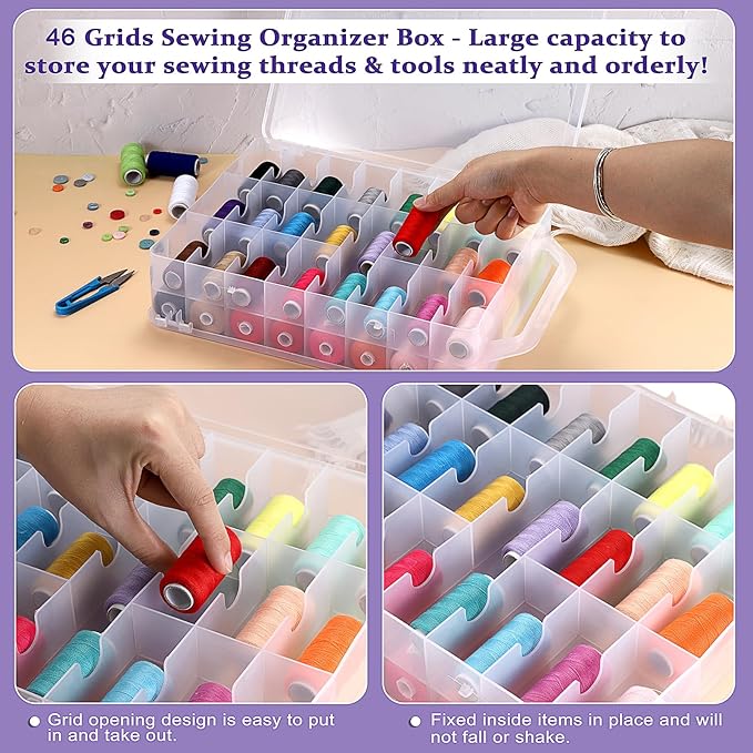 OwnMy 2 Pack 46 Grids Sewing Thread Organizer, Double-Sided Thread Spool Storage and Organizer Boxes, Plastic Embroidery Threads Embroidery Floss Organizers Boxes for Small Toys Cars, Sewing Crafts
