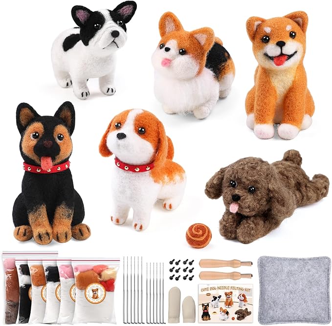 Mayboos 6 Pcs Needle Felting Kit, Animal Needle Felting Beginner Kits Wool Felt Needle Felting Tools with Instruction for DIY Craft Animal Home Decoration (Cute Dog)