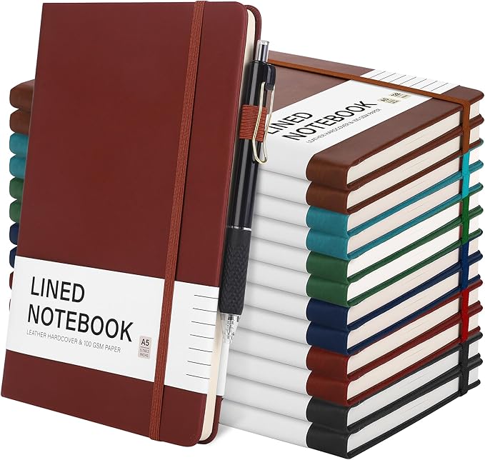 Aodaer 12 Set Lined Notebook Journals with Pens A5 Notebooks 100 GSM College Ruled Hardcover Notebook PU Leather Notepad with Pen Holder for Office School, 5.7 x 8.3 Inches, Deep Multicolor