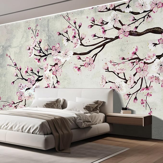 wall26 Wall Sticker/Wall Mural Watercolor Style Ink Painting Pink Cherry Blossom on Vintage, Not Peel and Stick, Non-Woven Wallpaper Decorative for Bedroom, Living Room, Office - 120x120 inches