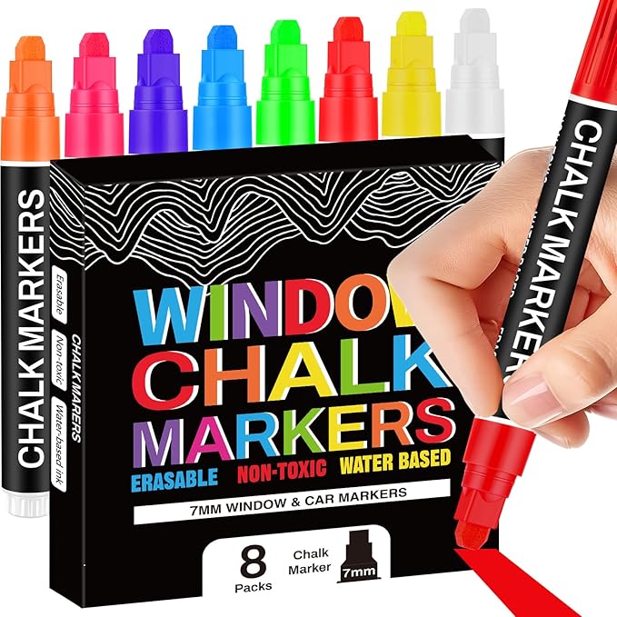 Liquid Chalk Markers for Blackboard, Jumbo Window Markers Chalk Pen with 7mm Thick Wide Tip for Car Glass Poster Halloween Christmas Decorations, Stocking Stuffers for Teen Girls Boys, 8 Pack