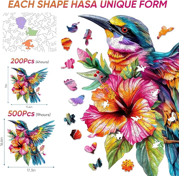 Wooden Jigsaw Puzzles -Hummingbird Wooden Puzzles for Adults, 500 Pcs King Size 17.3'' x 16.6'', Luxurious Shaped Wood Puzzle, Beautiful Package, Best Gift for Adults and Kids, Family Game