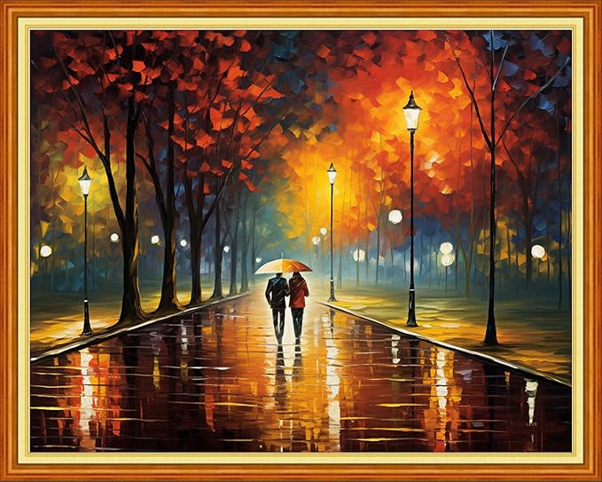 DMCVIVR Stamped Cross Stitch Kits for Adults Beginners Embroidery Kits 11CT Needlepoint Kits Cross Stitch Patterns Embroidery Patterns&Strolling on a Rainy Night 16x20 inch