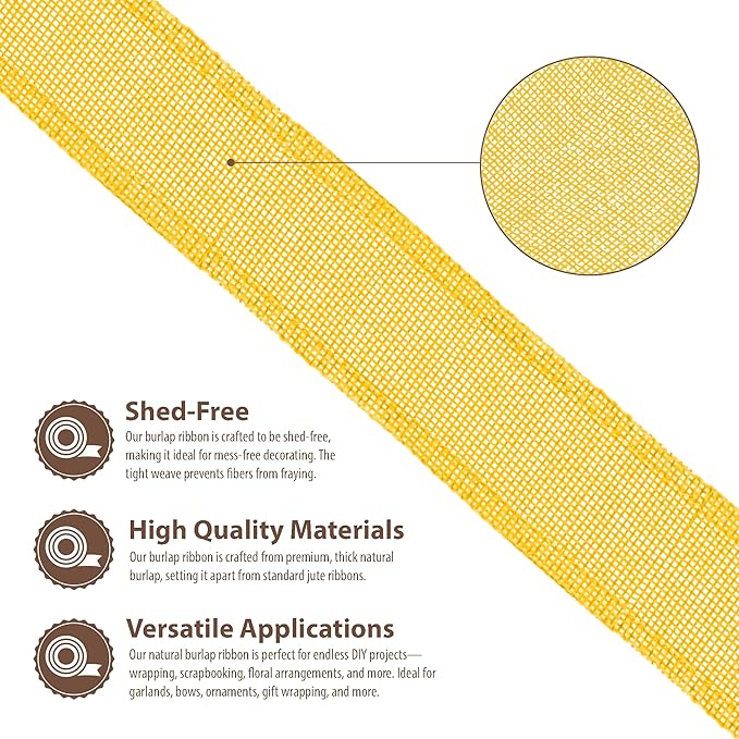 Mandala Crafts Yellow Burlap Wired Ribbon 2 Inches Wide Jute Ribbons for Crafts - 10 Yds Roll Rustic Burlap Wrap Trim Ribbons for Wreaths Bows Party Decoration
