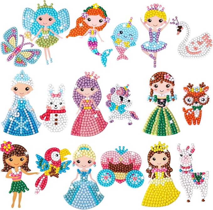 Cymbana Diamond Painting Kits for Kids 18 Pcs Princess and Their Buddy Gem Art Sticker for Kids Ages 6-8 8-12 Contains Unicorn, Mermaid