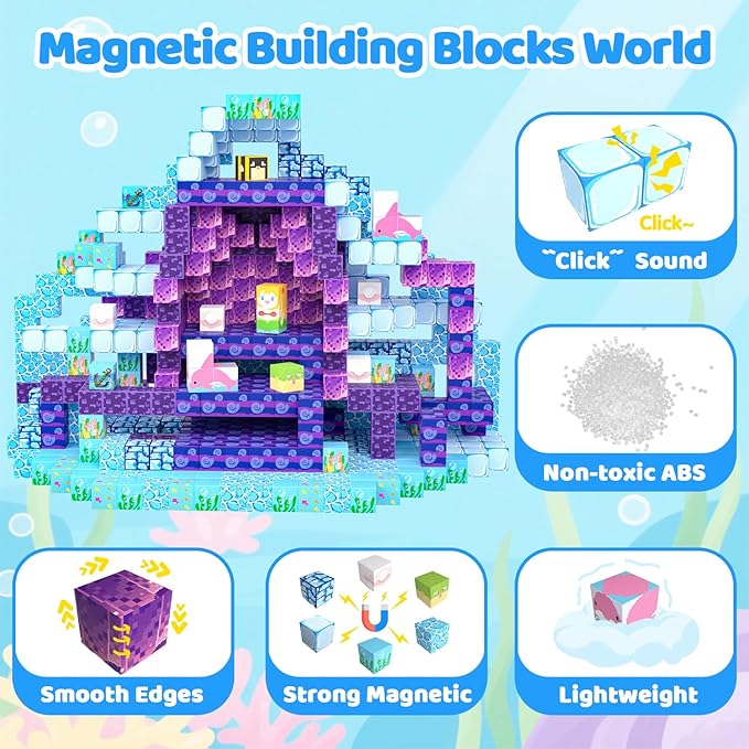 Magnetic Blocks, 100PCS Magnetic Building Blocks, Stacking Magnets for Kids, Sensory Toy for STEM Constructions Magnet Blocks for Boys Girls Age 3+, Christmas Birthday Gifts (Ocean World)