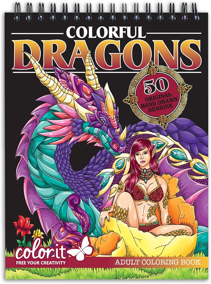 ColorIt Colorful Dragons Adult Coloring Book, Volume I - 50 Single-Sided Designs, Thick Smooth Paper, Lay Flat Hardback Covers, Spiral Bound, Dragon Coloring Pages