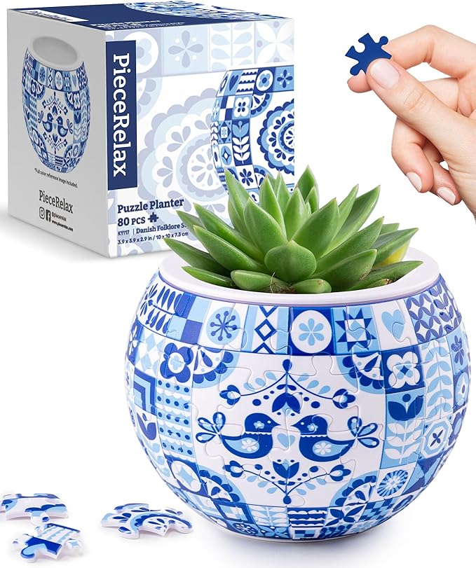 PieceRelax 3D Puzzle Planter 80 Pieces - Flower Pot - Danish Folklore Style, Home Decor Flower Pots for Indoor Cactus, Succulents Pots [K1117]