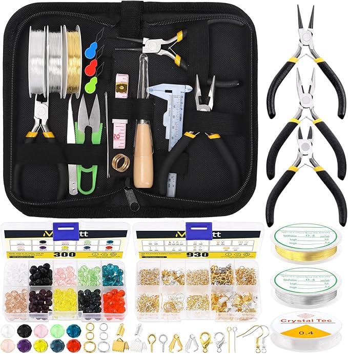 Mardatt 1250Pcs Jewelry Making Supplies Kit Includes 10 Colors 8mm Crystal Beads, Jewelry Pliers, Wires, Jump Ring Opener, Tweezers, Awl, Thimble Ring Jewellry Accessories for Jewellry Repair