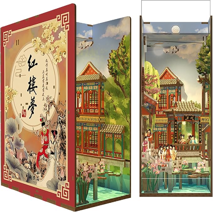 Tonecheer DIY Book Nook Kit for Adults, Wooden 3D Puzzle Bookend Bookshelf Insert Decor, Chinese Booknook Miniature House Kit with Dust Cover and Body Motion Sensor LED Light (Dream of Red Mansions)