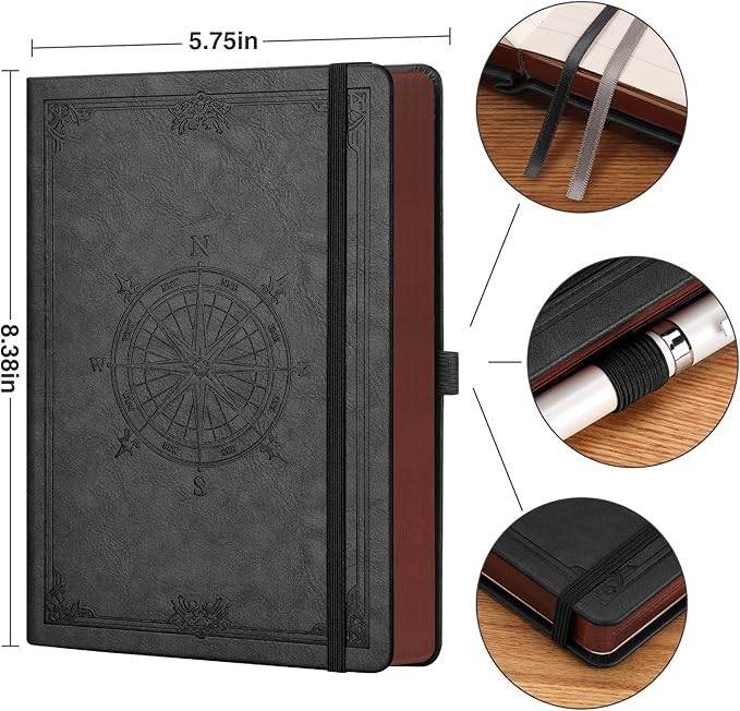 AHGXG Thick Journal Blank Notebook for Men - 320 Numbered Pages A5 Notebook for Writing, 100gsm Plain Paper, Vintage Leather Hardcover, for Women Work Office School, 5.75'' X 8.38''- Black