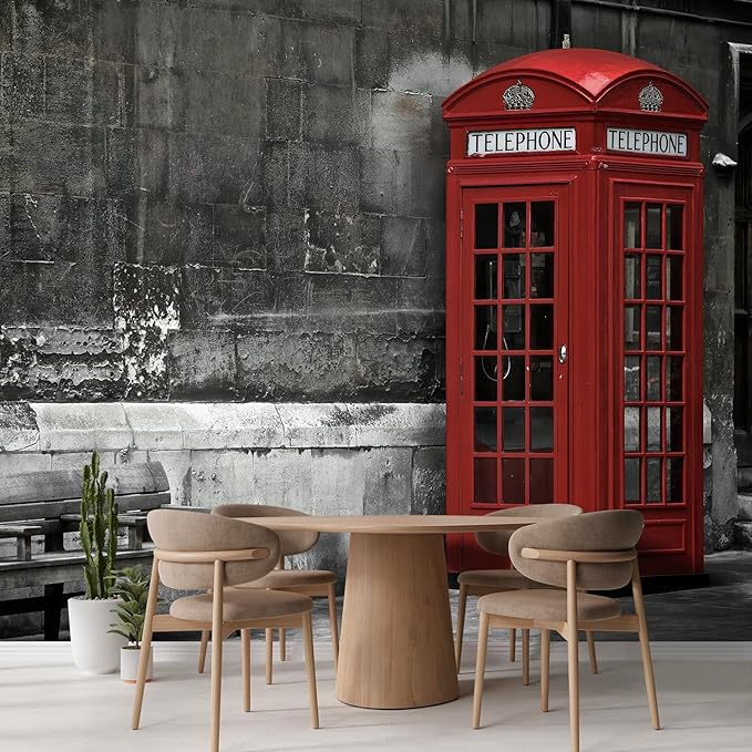 wall26 Wall Sticker/Wall Mural British Phone Booth in London, Not Peel and Stick, Non-Woven Wallpaper Decorative for Bedroom, Living Room, Office - 120x144 inches